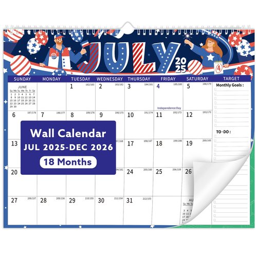 Wall Calendar 2025-2026, 18 Month Large Desk Calendar from July 2025 to December 2026 14.5" x 11.8" Monthly Calendar with Twin-Wire Binding for Home Office Planning Personal Organisers, Festival Style