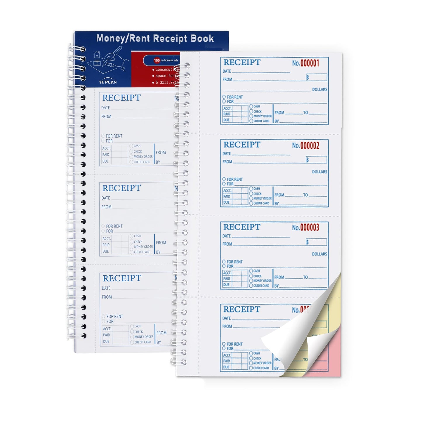 Receipt Books with Carbon Copies,Money and Rent Receipt Book,3-Part Carbonless,5.31" x 11.22",Receipt Book for Small Business,Blue,Yellow and Pink Copy,100 Sets Per Book