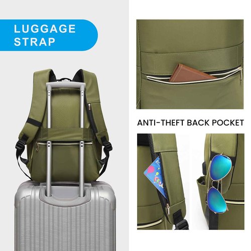 Modoker 15.6 Inch Women's Laptop Backpack, Quilted Work and Travel Backpack with USB Charging Port, Green
