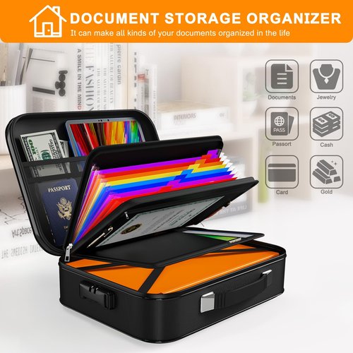 JUNDUN Fireproof Document Box,Hard Case Fireproof Document Organizer with Lock，Home Travel Portable Fireproof Safe Storage Box for Letter Size Documents,files,Papers and Passport,Colourful