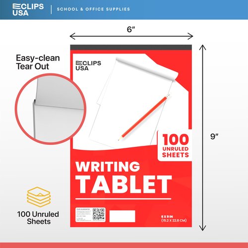 E-CLIPS USA Notepads, Unruled Writing Tablet, Note Pads 6 x 9, Small Notepads, Memo Pad, White, Chipboard Back, Writing Pad, Office Supplies, 100 Sheets Per Pad (12 Pack)
