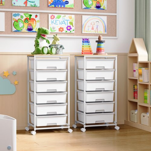 Rolling Storage Cart with Drawers,Utility Cart with 6 Large Drawers and Wooden Tabletop,Craft Storage Cart with Lockable Wheels for Bedroom, Office, Classroom, Kids'Room, Living Room (White)