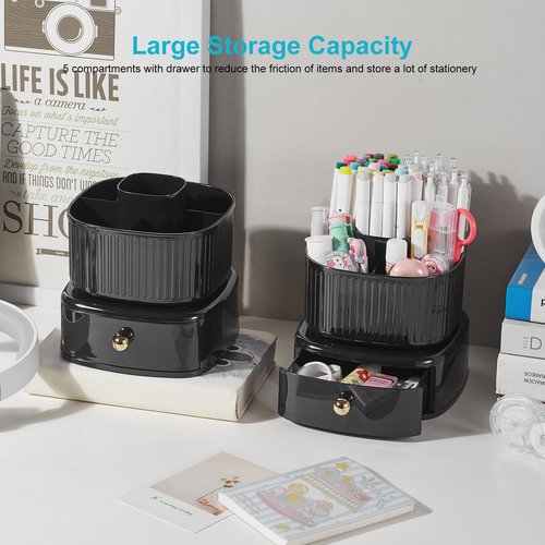 Lolocor Desk Pencil Pen Holder with Drawer, 5 Slots 360 Degree Rotating Pencil Pen Organizers Desk Organizers for Office Accessories Shool Supply Black