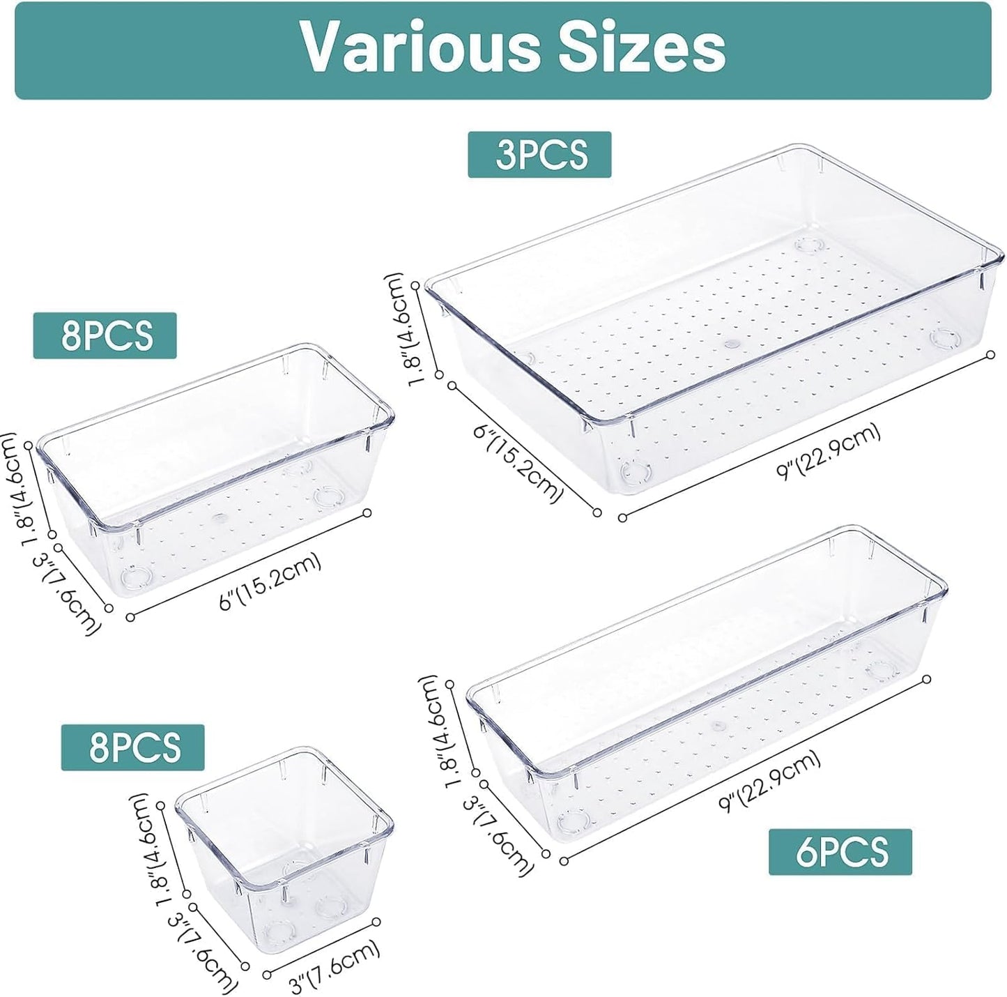 WOWBOX Clear Plastic Drawer Organizer Set - 25 PCS with 4 Sizes for Makeup, Jewelry & Gadgets | Versatile Storage Bins for Home & Office