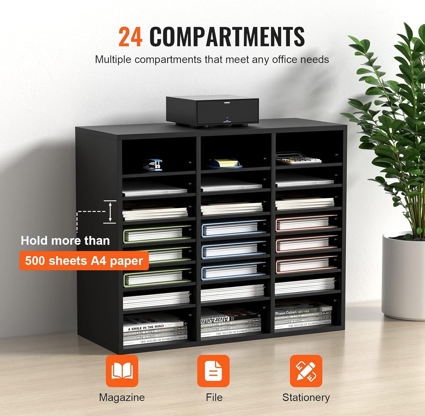 VEVOR Literature Organizer - 24 Compartments Mailbox with Adjustable Shelves | EPA Certified Black, 29x12x24.4 Inches