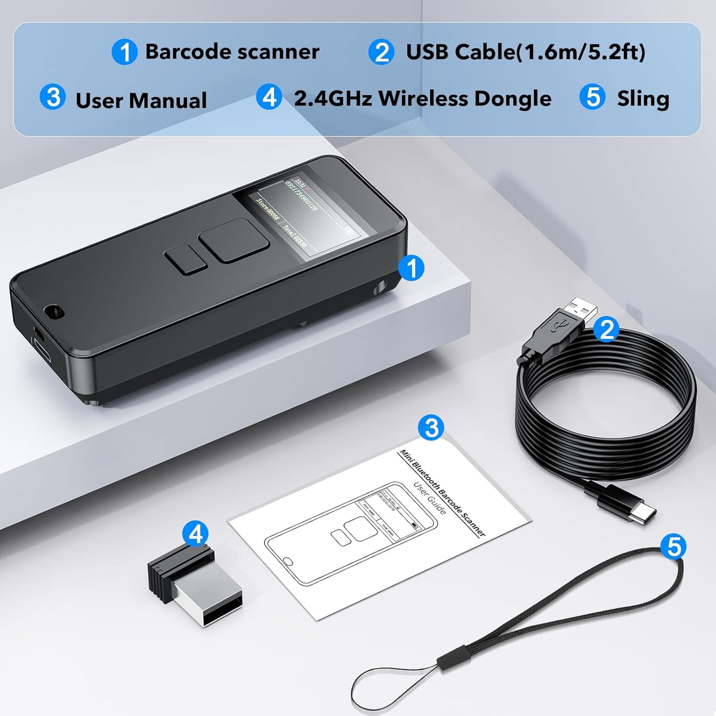 Symcode Bluetooth Barcode Scanner - Wireless 1D Scanner with Display Screen & 2000mAh Battery | Portable Mini for iPhone, iPad, Android