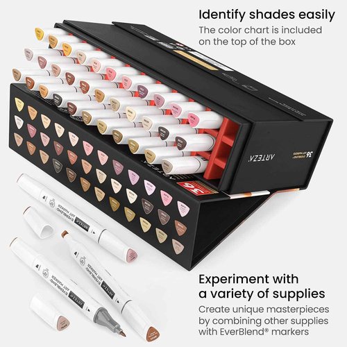 ARTEZA Alcohol Markers – Set of 36 Portrait & Skin Tone EverBlend Dual Tip Markers with Fine and Chisel Nibs and Organizer Box for Drawing