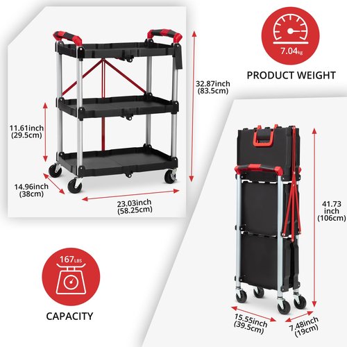 Foldable Utility Service Cart, 3 Shelf 168LBS Heavy Duty Plastic Rolling Cart with 360° Swivel Wheels (2 with Brakes), Ergonomic Handle, Portable Garage Tool Cart for Warehouse Office Home, Black