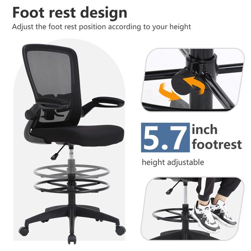 PayLessHere Ergonomic Drafting Chair Tall Office Chair High Adjustable Standing Desk Chair with Lumbar Support Mesh Back Footrest Flip-Up Arms for Office Computer Desk Standing Desk (Black)
