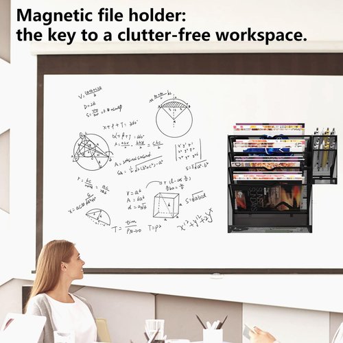 KZWKRG Magnetic File Holder, Magnetic File Organizer Wall Mount, 5 Tier Hanging Mail Organizer Folder Holder, Mesh Desk Accessories and Organizers, Paper Document Magazine Rack with 3 Pen Holder