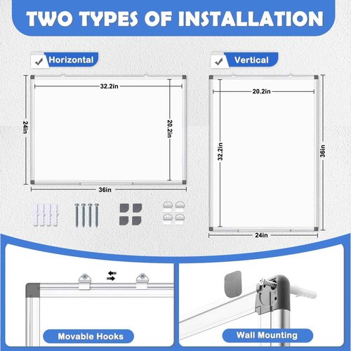 WALGLASS 2 Pack White Board, 36" x 24" Double-Sided Dry Erase White Board for Wall, Hanging Mounted Whiteboard, Horizontal or Vertical Silver Aluminium Frame for Home, School, Office, Kitchen