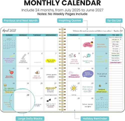 Monthly Planner 2025-2027 | 2-Year Calendar with 24 Months - 7" x 10" - Ideal for School, Office, Home - Green