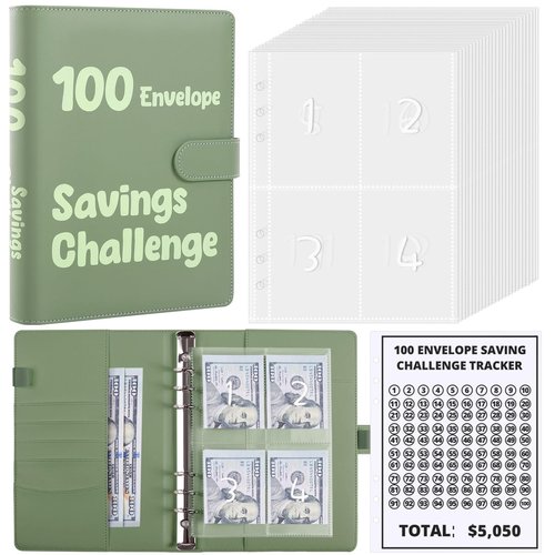 SKYDUE 100 Envelopes Money Savin Challenge Binder, A5 Money Saving Budget Binder with Cash Envelopes - Savings Challenges Book to Save $5,050