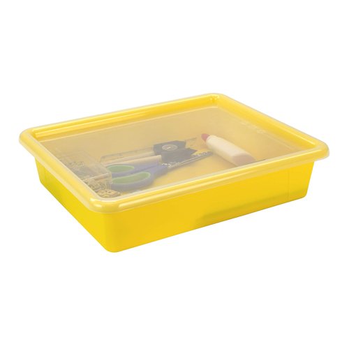 Storex Letter Size Flat Storage Tray – Organizer Bin with Non-Snap Lid for Classroom, Office and Home, Yellow, 5-Pack (62538U05C)