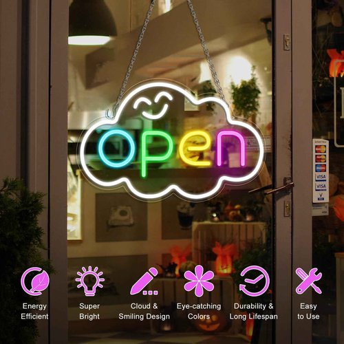 Super Bright Open Signs for Business, 16.5"x 10.2" LED Open Neon Sign, Electric Light up Sign with 12V Adapter & ON/OFF Switch, Rainbow Open Sign LED for Window Stores Restaurants Offices Shops Bar Cafe