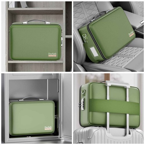 DocSafe Fireproof Document Box with Lock, Hard Case File Organizer with Accordion File Folder, Fireproof Water Resistant Safe Box Home Office Travel Storage for Important Documents Laptop Green