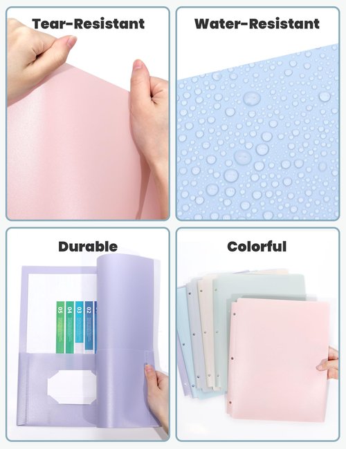 SUNEE 3 Hole Pocket Folders (6 Pack, Pastel Color), Plastic Pocket Folders for 3 Ring Binder, 3-Hole Punched Folders with Pockets, for Kids, Students, Teachers, Office Staff