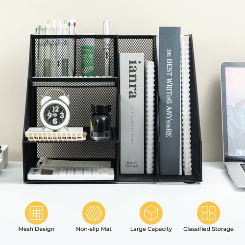 M&G Office Desk Accessories, Desk Organizer, 4-Tier Office Supplies with File Holder, Integrated Design without Installation, Paper Organizer with Pen Holder for School Home, Black