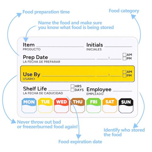 Restaurant Quality Shelf Life Food Rotation Labels Vinyl, 2” x 3” Self-Adhesive Removable Freezer Food Labels, Perfect for Reusable Containers, Easy to Remove, Food Safety Date Sticker (10 PCS)
