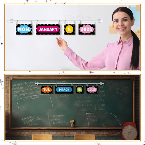Gilprop Flip Calendar Bulletin Board Set with Holder Adjustable Calendar Display Holder Includes 55 Date Cards for Preschool School Classroom Wall Decoration(Chalkboard Brights)