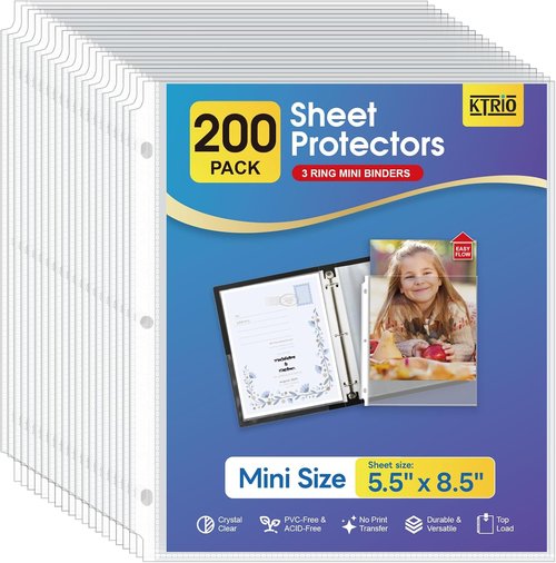KTRIO Heavyweight Sheet Protectors - Clear Page Protectors for Mini 3 Ring Binder | 5.5 x 8.5 Inch, 200 Pack