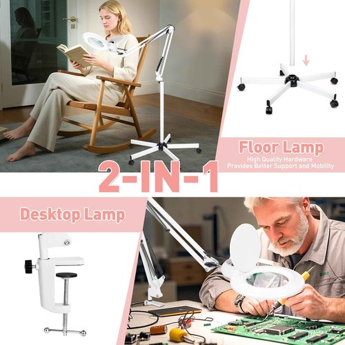 KUVRS 10X Magnifying Floor Lamp with Light, 5 Wheel Rolling Base Esthetician Light, 2200 Lumens Infinite Warm & Cold Dimming LED Magnifier, Standing Mag Lamp for Sewing Drawing Crafts Facial Nail