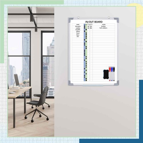 Lincia in and Out Magnetic Dry-Erase Board 24" x 18" Aluminum Framed White Board with Lines 33 Names with Magnetic Dry-Erase Marker, Eraser, and 35 Magnets Wall-Mounted for Office Employee