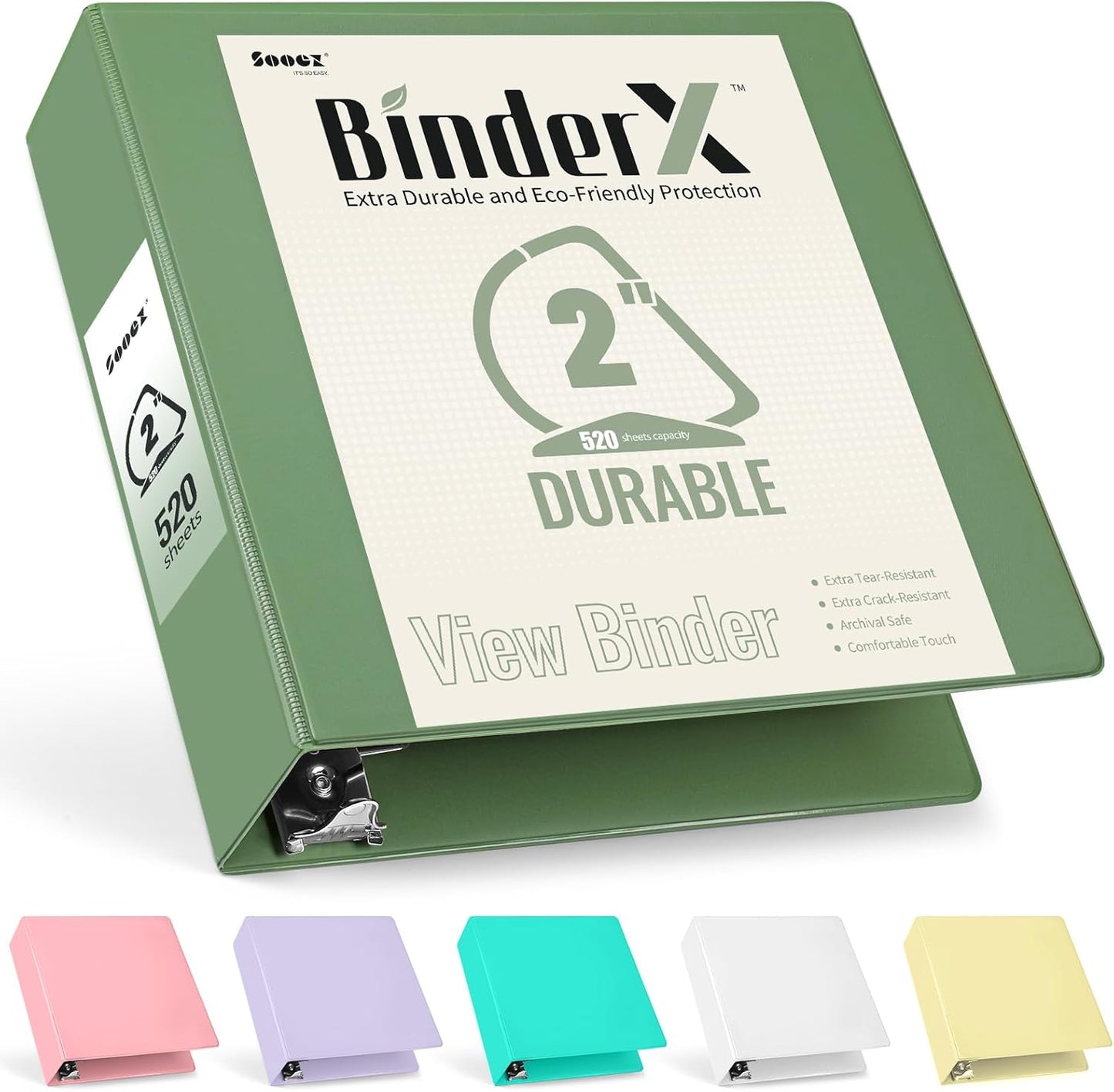 Sooez BinderX Extra Durable 2-Inch 3-Ring Binder - Holds 520 Sheets | Customizable Olive Green Cover