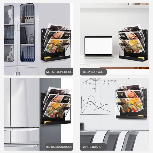 WOMACO Magnetic File Organizer, 4 Tier Large File Folder Holder for File Cabinet, Heavy Duth Magnet Wall Paper Mail Holder for Home Office Whiteboard (4-Tier Black)