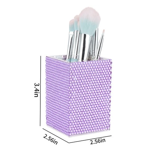 KEYPOWER Acrylic Pencil Pen Holder Cup Decorated with Bling Rhinestone Makeup Brush Holder Modern Desktop Stationery Accessories (Purple)