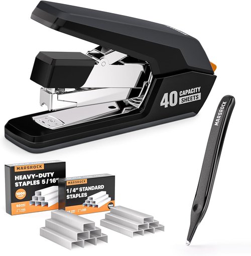 MARSROCK Heavy-Duty Desk Stapler - Effortless 1-Touch Stapling, 40-50 Sheet Capacity, Black