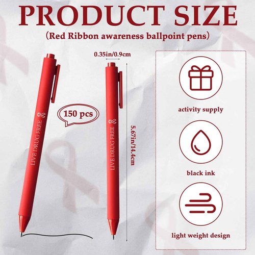 Cholemy 150 Pcs Red Ribbon Week Ballpoint Pens Live Drug Free Red Ribbon Awareness Pens Bulk Black Ink Retractable for Volunteer Fundraising Charity Event Party Favors Activity Supplies