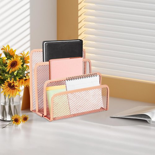 TUSAUW 4 Pcs Desk Mail Organizer, Desktop Letter Holder, Metal File Holder with 3-Slot, Desktop File Organizer Metal Mesh with 3 Vertical Upright Compartmentsfor Home or Office Desktop (Rose Gold)