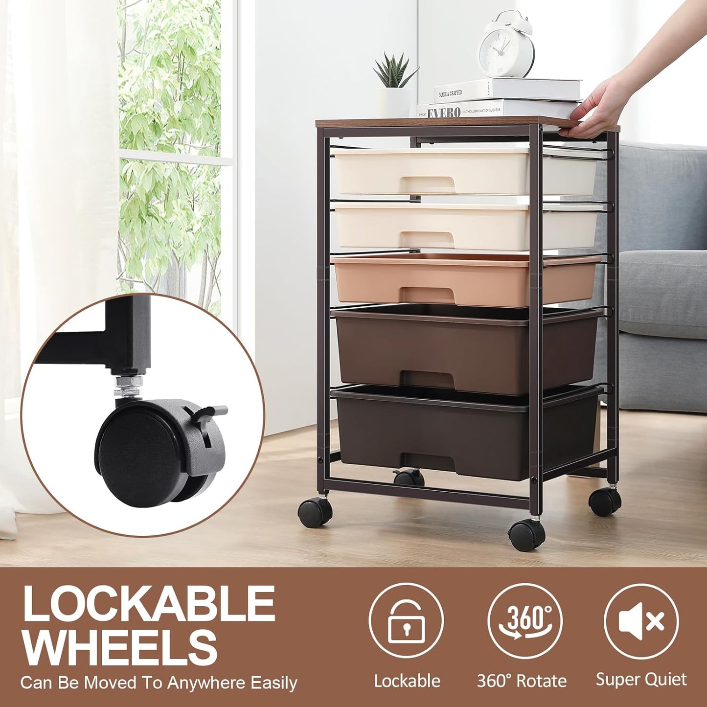 SYKIARIOL Utility Cart - 5-Tier Rolling Storage Cart with Lockable Wheels & Wooden Tabletop - Dark Brown