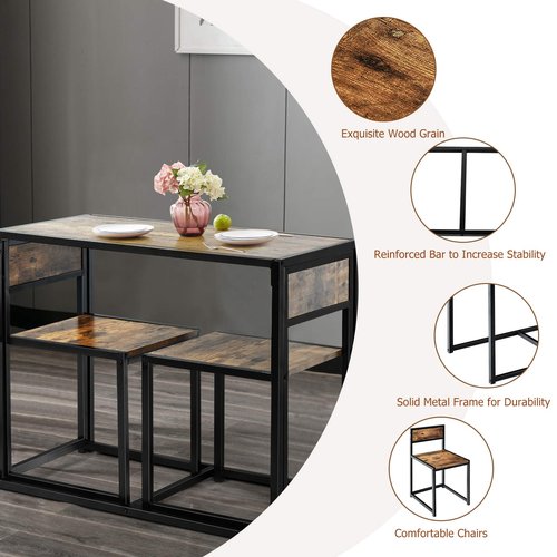 Giantex 3 Piece Dining Set, Industrial Dining Table with 2 Chairs, Small Kitchen Table Set with Metal Frame, Compact Bistro Table Set, Pub Breakfast Table for Small Space, Apartment (Antique)
