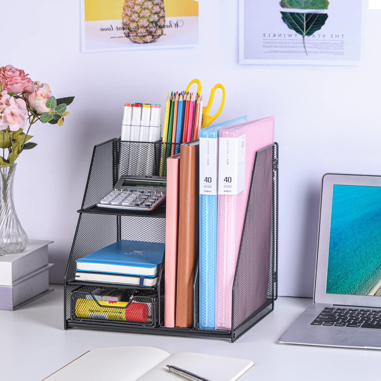 Topwey Desk Organizer - 2-Tier File Organizer with Drawer & Pen Holders | Mesh Desktop Storage Solution