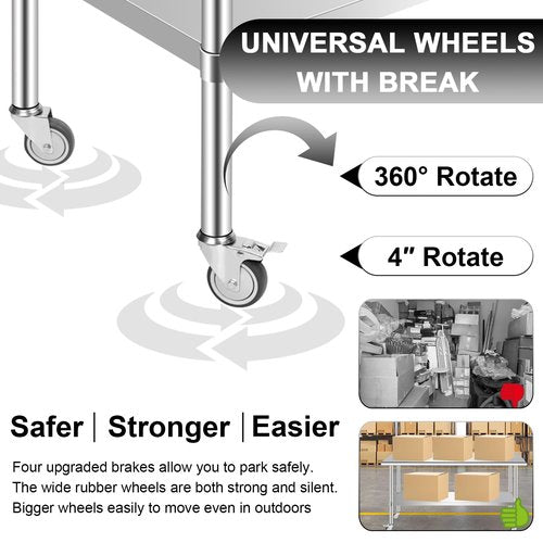 ERfairdeal 36 x 24 Inch Stainless Steel Table w/Backsplash, Commercial Work Table Prep Workstation with Galvanized Legs, Adjustable Undershelf and Wheels for Home Kitchen Restaurant Outdoor