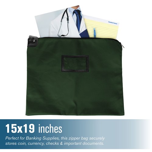 BankSupplies HIPAA Locking Courier Bags - Forest Green - 19W x 15H - Durable Laminated Nylon Fabric - Metal Pop Up Lock - For Money, Coins, Currency, Checks, & Documents