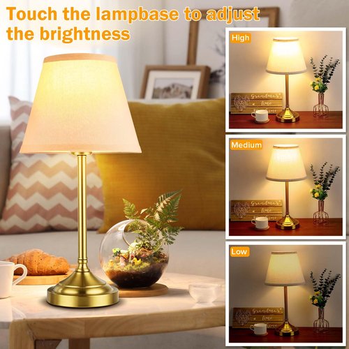 LEDIKON Touch Control Gold Table Lamps Set of 2, 3-Way Dimmable Bedside Lamps with LED Bulbs for Nightstands Bedroom Living Room Office