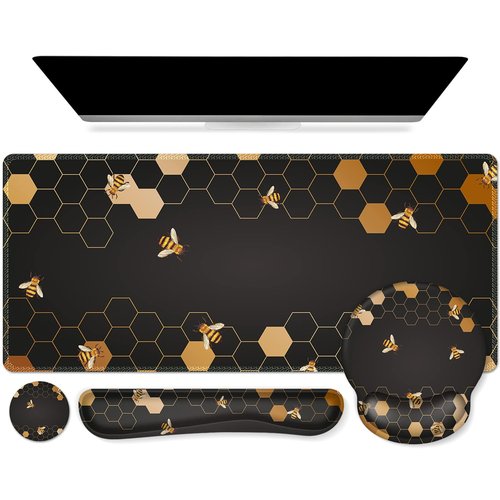 iCasso Desk Mat, Gaming Mouse Pad Wrist Support Set,4in1 XXL Large Mousepad + Keyboard Wrist Rest+Mouse Wrist Rest+Coaster Set with Ergonomic Design for Home Office Table Computer-Honeycomb