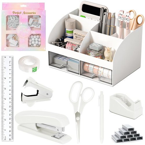COMFYROOM Desk Accessories with Pen Holder, Office Supplies Desk Organizers and Accessories, Tape Dispenser, Stapler, Staple Remover, Staples, Clips Set, Ruler, Scissor, Pen, Tape (White)