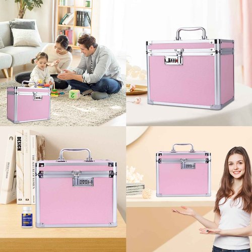Buanson Girls Makeup Box Organizer Storage with Combination Lock, Locking Makeup Cosmetic Train Case for Women, 9.96" x 6.8" x 7.79" Travel Make up Box Pink