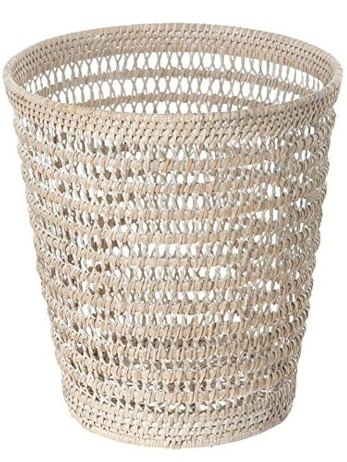 Kouboo La Jolla Rattan Mesh Waste Basket – Round Trash Can for Bathroom, Bedroom, Office – Boho Wicker, Bathroom Storage, Small Garbage Bin for Home Decor & Storage Basket, White Wash