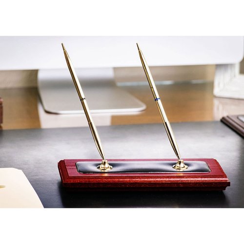 Dacasso A8004 Wood & Leather Double Pen Stand Desk Set, Rosewood 9.25 x 4.25 x 9.00