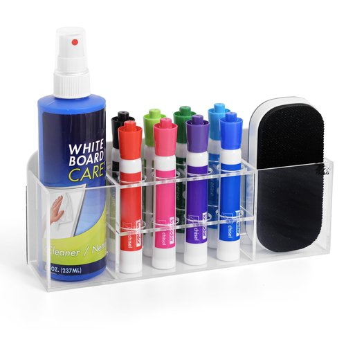 Strong Magnetic Dry Erase Marker Holder for Whiteboard, 8-Slot Acrylic Pen Organizer with Glass and Wall Mount Accessories for Fridge, Office, and Classroom. Markers, Eraser, Cleaner Not Included