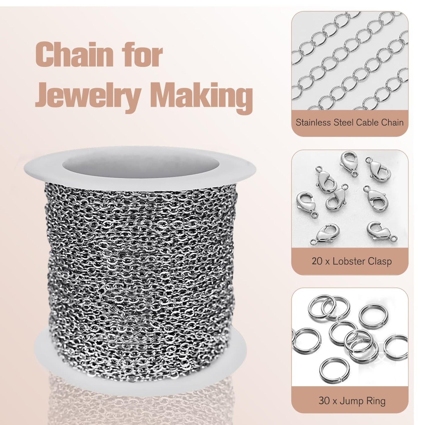 WXJ13 Chains for Jewelry Making 36FT 2 Rolls, Silver Stainless Steel Jewelry Chains with 60 Pieces Open Jump Rings & 40 Pieces Lobster Clasps for Necklace Chain DIY Making Accessories