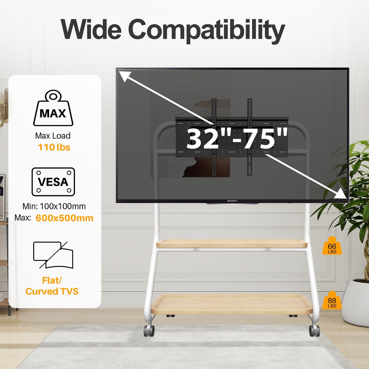 Hovadova Easel Rolling TV Stand with Wheels - 32"-75" TVs, Heavy Duty Floor TV Mount with 2-Tier Storage Shelf & Hole Platform, 110lbs Capacity for Living Room/Bedroom
