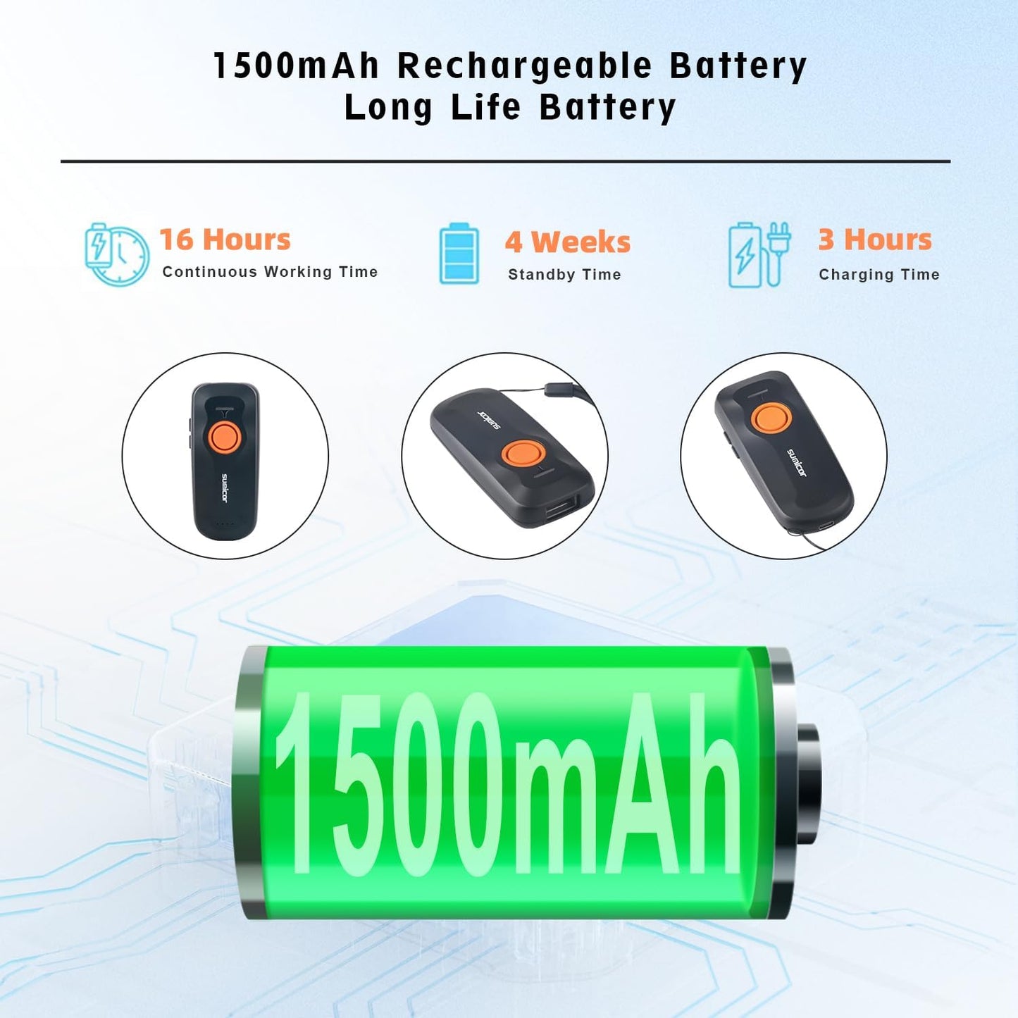 Sumicor Wireless Barcode Scanner - Portable Mini Bluetooth 1D Laser Reader with Battery Indicator