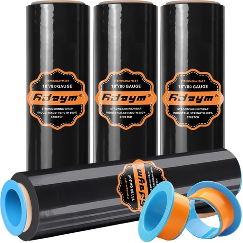 ADAYM 18" x 1500' Stretch/Shrink Wrap Roll (4 Rolls) - Black Plastic Wrap for Moving, Heavy Duty 80 Gauge, 600% Stretch for Packing, Pallets, Shipping&Furniture Protection with Handles