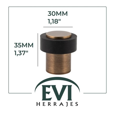 Door Stop | Threaded Base | Brass | Includes Screw + Mounting Plug | EVI Herrajes I-1802U (34 mm x 35 mm, Brass Leather - Black Rubber)